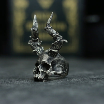 Devil skull 925 Silver Ring, long horned skull solid sterling silver brass ring-Craftsmen made - SATANHORN