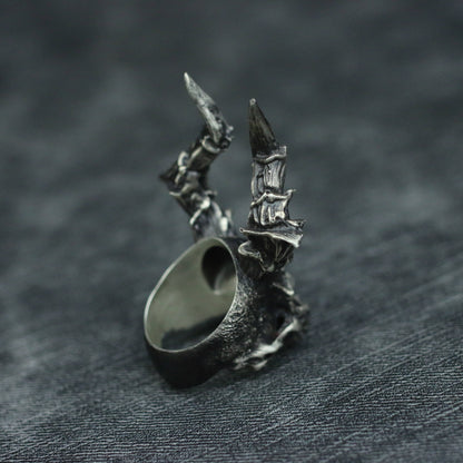 Devil skull 925 Silver Ring, long horned skull solid sterling silver brass ring-Craftsmen made - SATANHORN