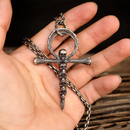 Sin Cross Skull Circle 925 silver Pendant Necklace, Belief Cross Solid Sterling Silver Brass Pendant-Craftsmen made - SATANHORN