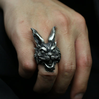 Long-eared rabbit 925 silver ring, dark gothic rabbit, grimace animal sterling silver ring-craftsman made - SATANHORN