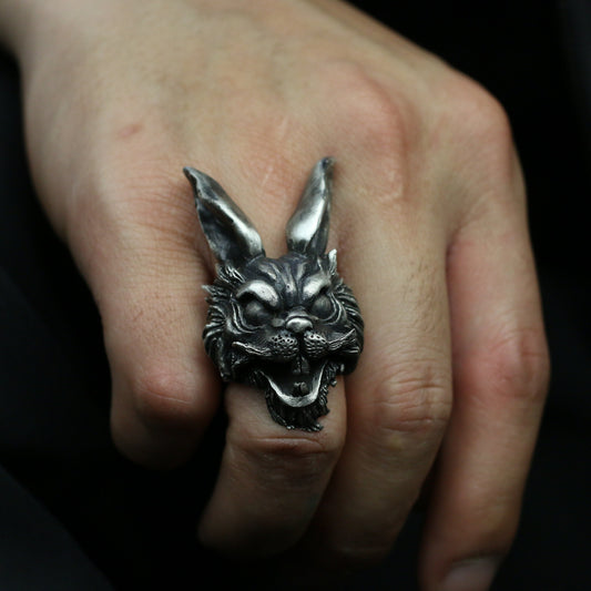 Long-eared rabbit 925 silver ring, dark gothic rabbit, grimace animal sterling silver ring-craftsman made - SATANHORN