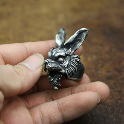 Long-eared rabbit 925 silver ring, dark gothic rabbit, grimace animal sterling silver ring-craftsman made - SATANHORN