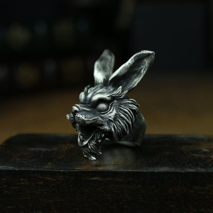 Long-eared rabbit 925 silver ring, dark gothic rabbit, grimace animal sterling silver ring-craftsman made - SATANHORN