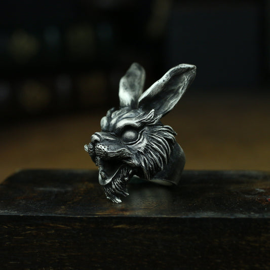 Long-eared rabbit 925 silver ring, dark gothic rabbit, grimace animal sterling silver ring-craftsman made