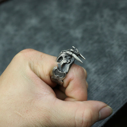 Saber tooth tiger skull 925 silver ring, tooth weapon sterling silver ring, animal skull ring-craftsman made - SATANHORN