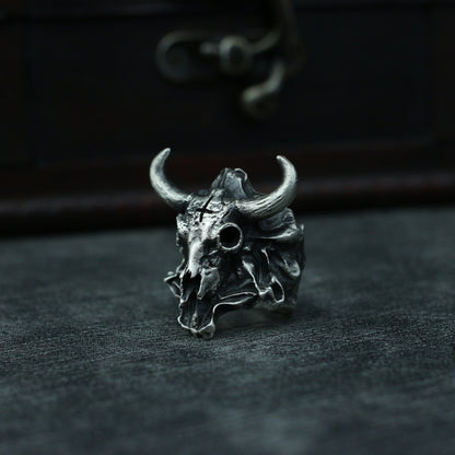 Bull skull 925 silver ring, bison horn skull sterling silver ring, animal skull skeleton ring-craftsman made - SATANHORN