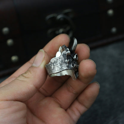 Bull skull 925 silver ring, bison horn skull sterling silver ring, animal skull skeleton ring-craftsman made - SATANHORN