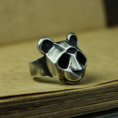 Panda 925 silver ring, brown bear abstract silver ring, simple animal ring sterling silver brass jewelry-Craftsmen made - SATANHORN