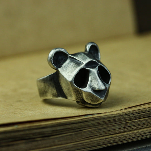 Panda 925 silver ring, brown bear abstract silver ring, simple animal ring sterling silver brass jewelry-Craftsmen made - SATANHORN