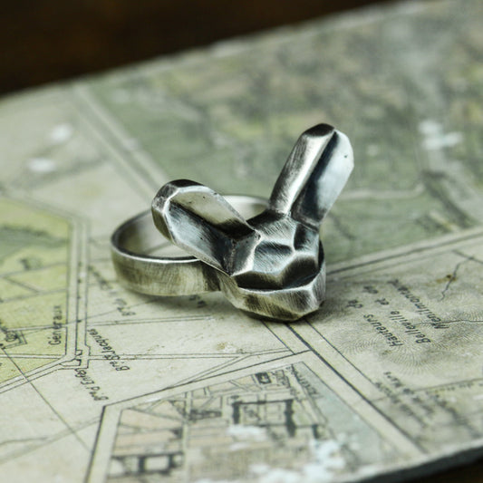 Long-eared rabbit 925 silver ring, rabbit abstract silver ring, simple animal ring sterling silver brass jewelry-Craftsmen made