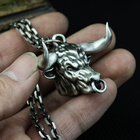 Bull head 925 silver pendant, big buffalo wild horns 925 silver pendant necklace, a wild personality African jewelry-Craftsmen made