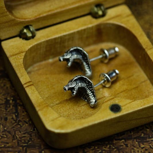 Cobra Snake 925 Silver Earrings, Men's Viper Stud Earrings, Venom Jewelry Sterling Silver Handmade - Craftsmen made - SATANHORN