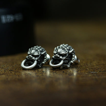 925 silver Lion Ear studs, oriental style lion earrings, solid sterling silver handmade ear decoration gift-Craftsmen made