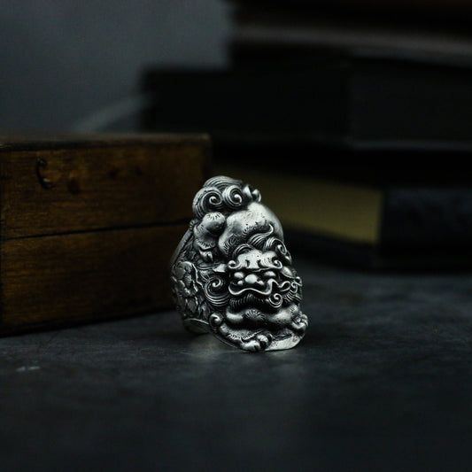 Vintage lion beast 925 silver ring, auspicious cloud lucky ring, small gift sterling silver personality-Craftsmen made