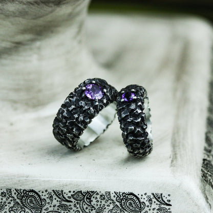 Rock 925 silver ring, Inlaid amethyst couple ring, Chinese five elements Earth ring, holiday gift jewelry sterling silver-Craftsman made - SATANHORN