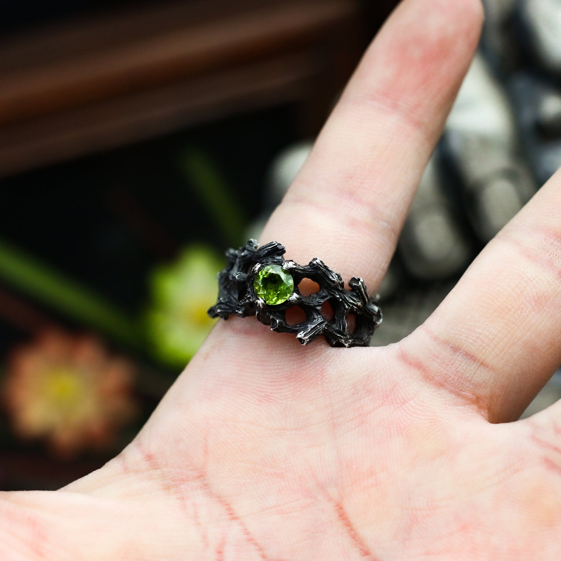 Peridot 925 silver ring, Chinese five-element wood, couple rings, male and female rings, Silver jewelry for holiday gift-Craftsman made - SATANHORN