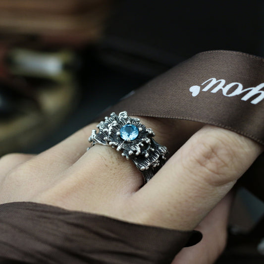 Topaz 925 silver ring, Chinese five-element water, unique inlaid ring, gem ring sterling silver gift-Craftsman made - SATANHORN