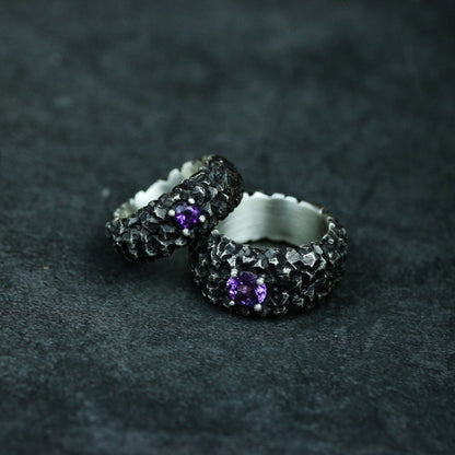 Rock 925 silver ring, Inlaid amethyst couple ring, Chinese five elements Earth ring, holiday gift jewelry sterling silver-Craftsman made - SATANHORN