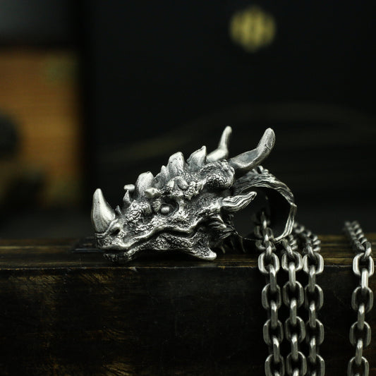 Unicorn Dragon 925 Silver Pendant Necklace,Dragon head pendant, Dragon Silver jewelry,Animal skull sterling silver Pendant-Craftsman made