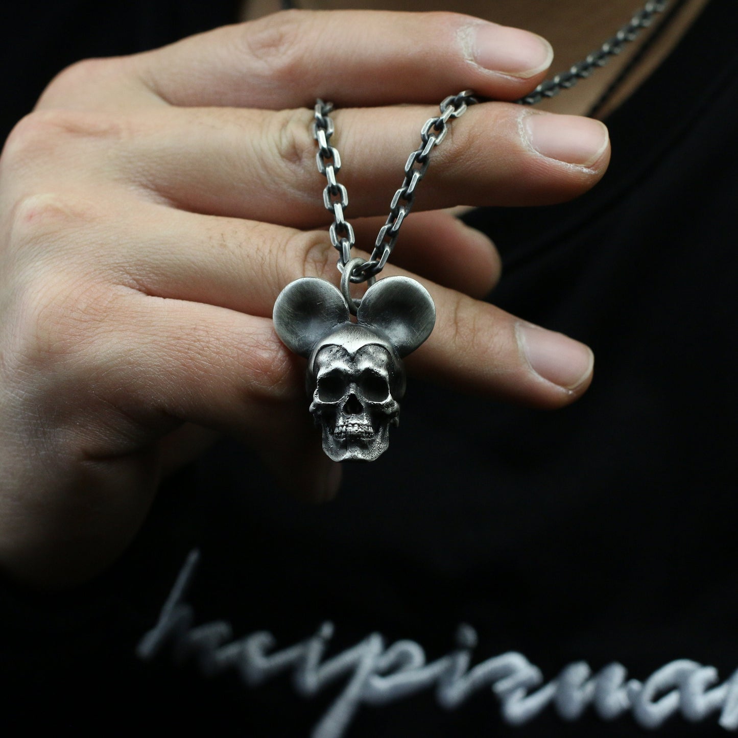 Mickey Mouse Skull 925 Silver Pendant, Dark Gothic Style Sterling Silver Pendant Necklace, Unique Disney Personalized Gift-Craftsman Made