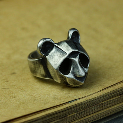 Panda 925 silver ring, brown bear abstract silver ring, simple animal ring sterling silver brass jewelry-Craftsmen made - SATANHORN