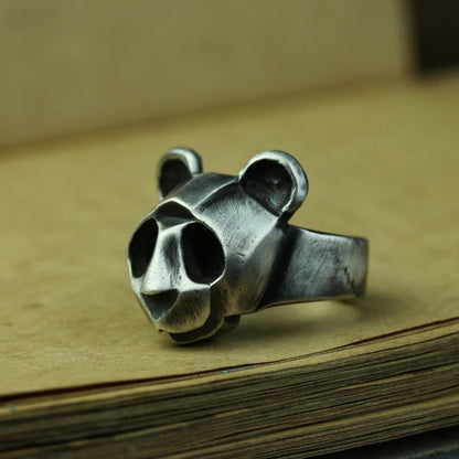 Panda 925 silver ring, brown bear abstract silver ring, simple animal ring sterling silver brass jewelry-Craftsmen made - SATANHORN