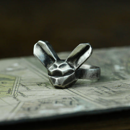 Long-eared rabbit 925 silver ring, rabbit abstract silver ring, simple animal ring sterling silver brass jewelry-Craftsmen made - SATANHORN
