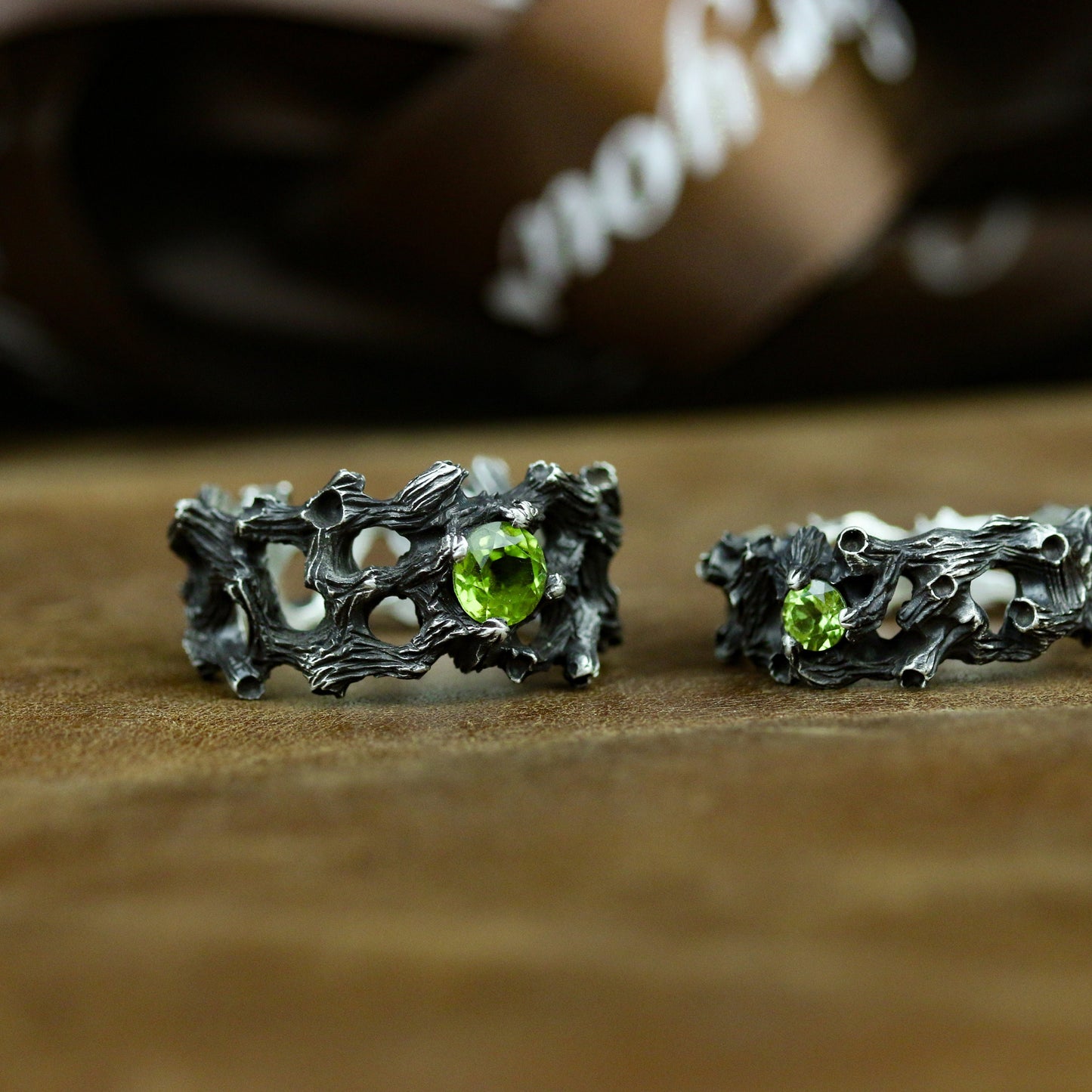 Peridot 925 silver ring, Chinese five-element wood, couple rings, male and female rings, Silver jewelry for holiday gift-Craftsman made