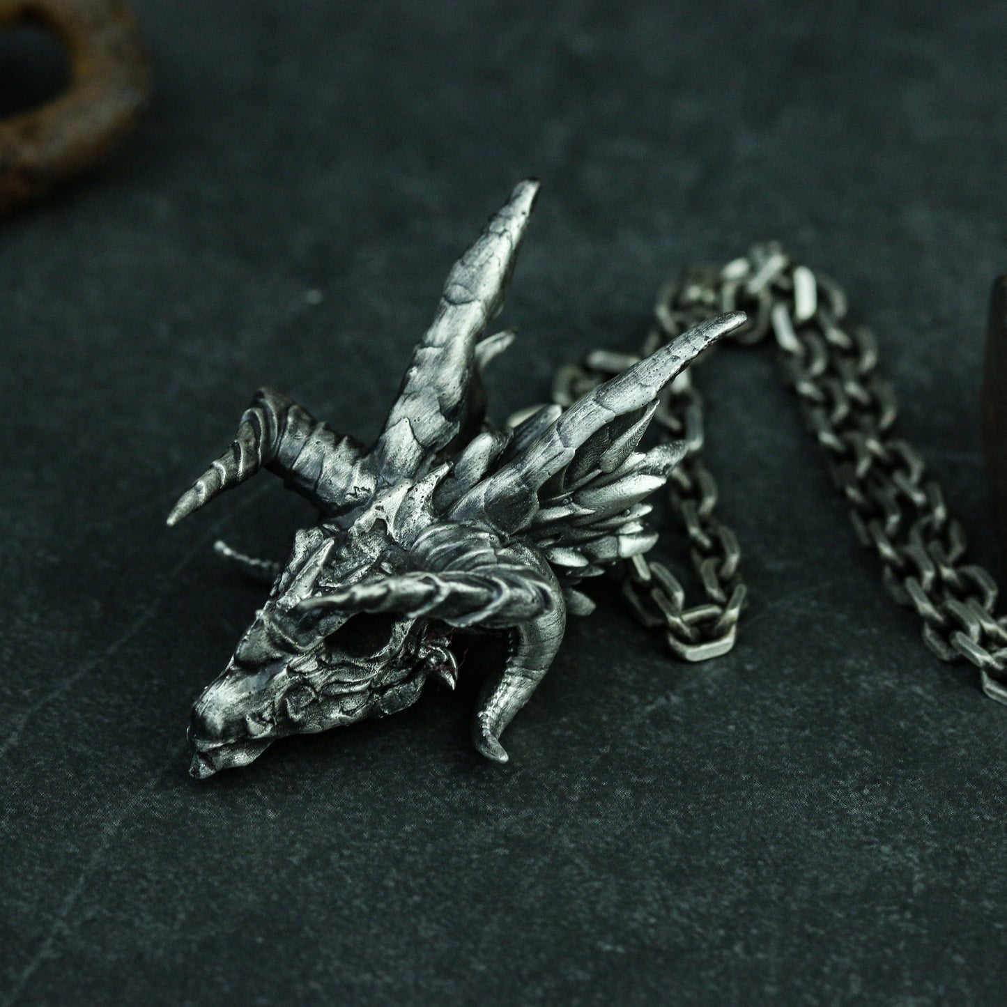 Dragon head silver pendant necklace, Dragon skull sterling silver jewelry, animal skull 925 sterling silver pendant jewelry-Craftsman made