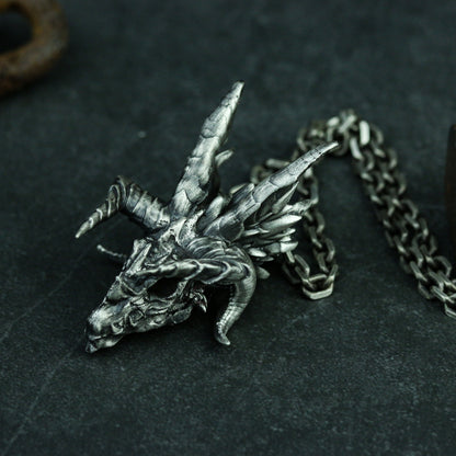 Dragon head silver pendant necklace, Dragon skull sterling silver jewelry, animal skull 925 sterling silver pendant jewelry-Craftsman made