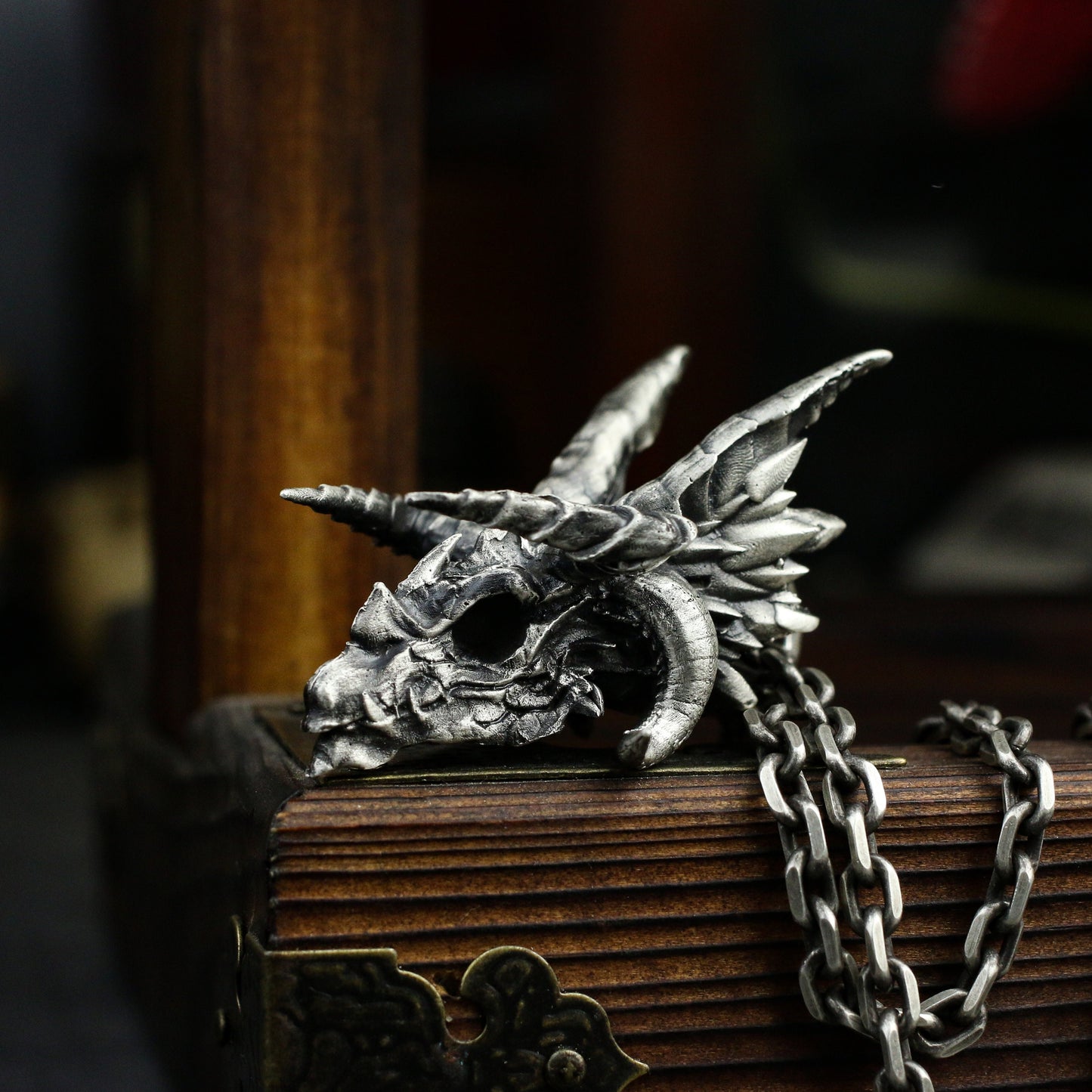 Dragon head silver pendant necklace, Dragon skull sterling silver jewelry, animal skull 925 sterling silver pendant jewelry-Craftsman made