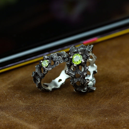 Peridot 925 silver ring, Chinese five-element wood, couple rings, male and female rings, Silver jewelry for holiday gift-Craftsman made - SATANHORN