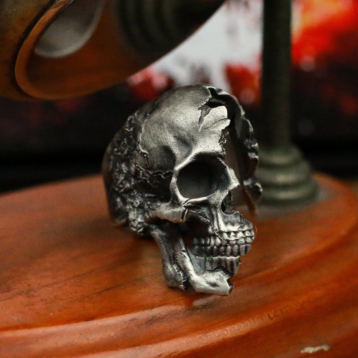 Broken skull 925 Silver Ring,Sterling Warrior Skull Jewelry,Band Ring,Battle Damaged Skeleton,elegant skull ring-Craftsman made