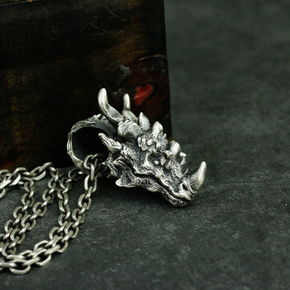 Unicorn Dragon 925 Silver Pendant Necklace,Dragon head pendant, Dragon Silver jewelry,Animal skull sterling silver Pendant-Craftsman made - SATANHORN
