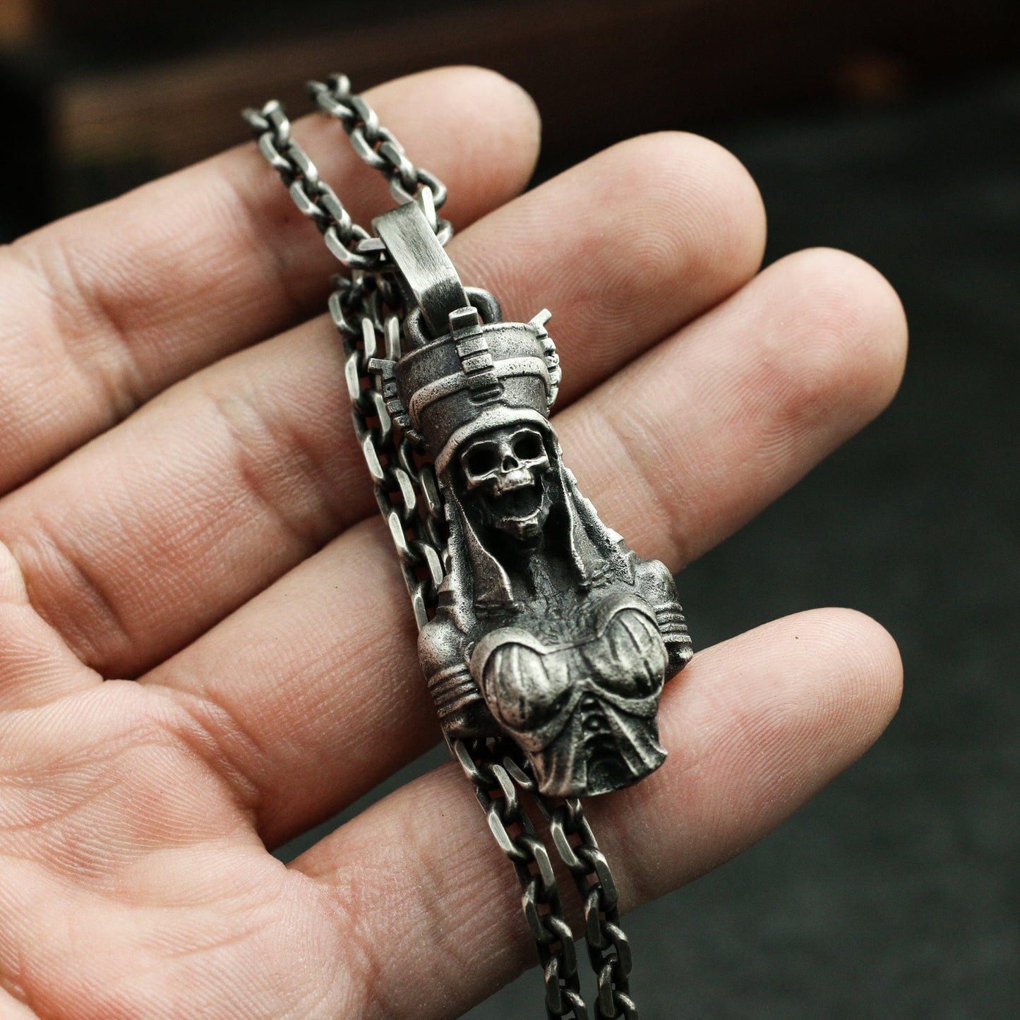 Cleopatra 925 Silver Skull Pendant Necklace, Ancient Egyptian Queen Skull Necklace Pendant, Ghost Exotic Silver Jewelry-Craftsmen made