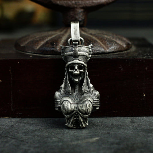 Cleopatra 925 Silver Skull Pendant Necklace, Ancient Egyptian Queen Skull Necklace Pendant, Ghost Exotic Silver Jewelry-Craftsmen made