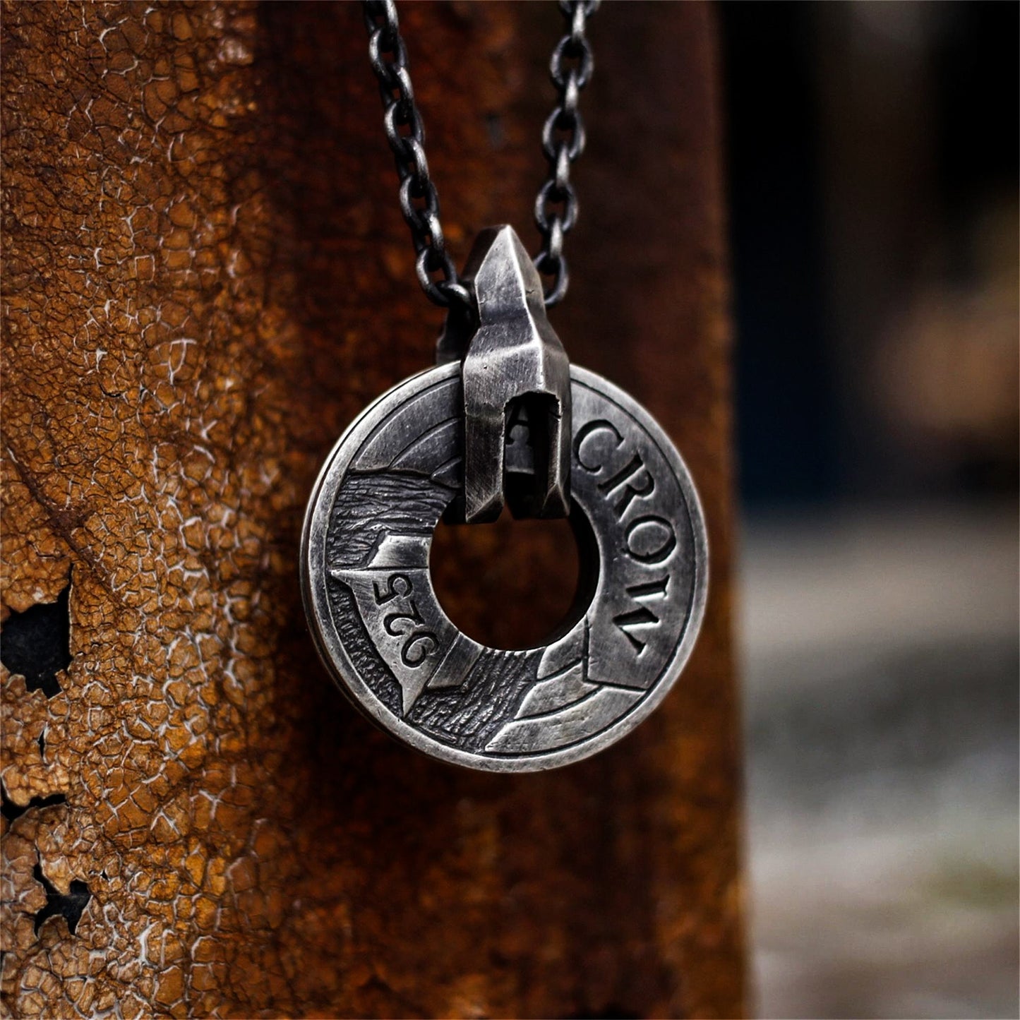 Rotary wheel coin crow 925 silver pendant necklace, punk steam style necklace pendant sterling silver personalized gift-Craftsman made