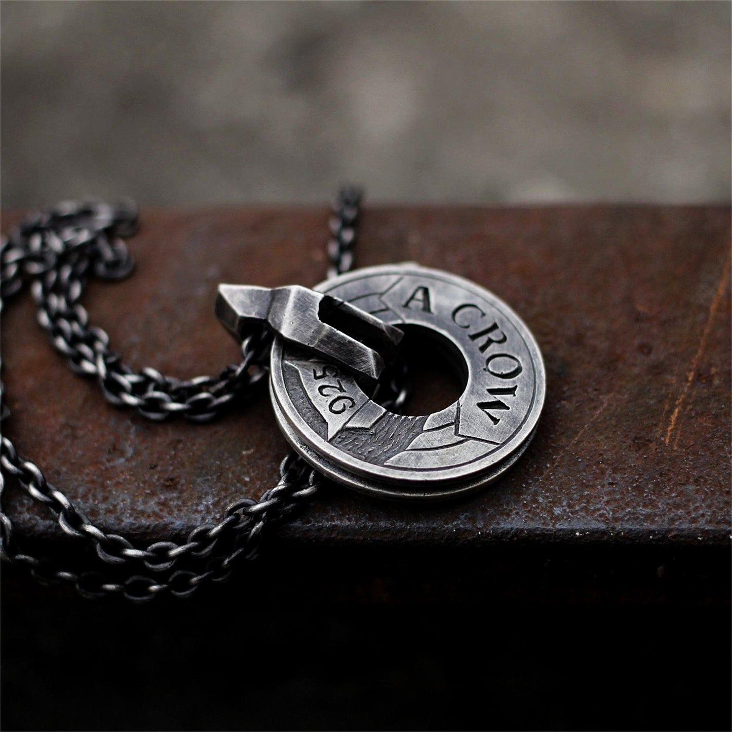 Rotary wheel coin crow 925 silver pendant necklace, punk steam style necklace pendant sterling silver personalized gift-Craftsman made