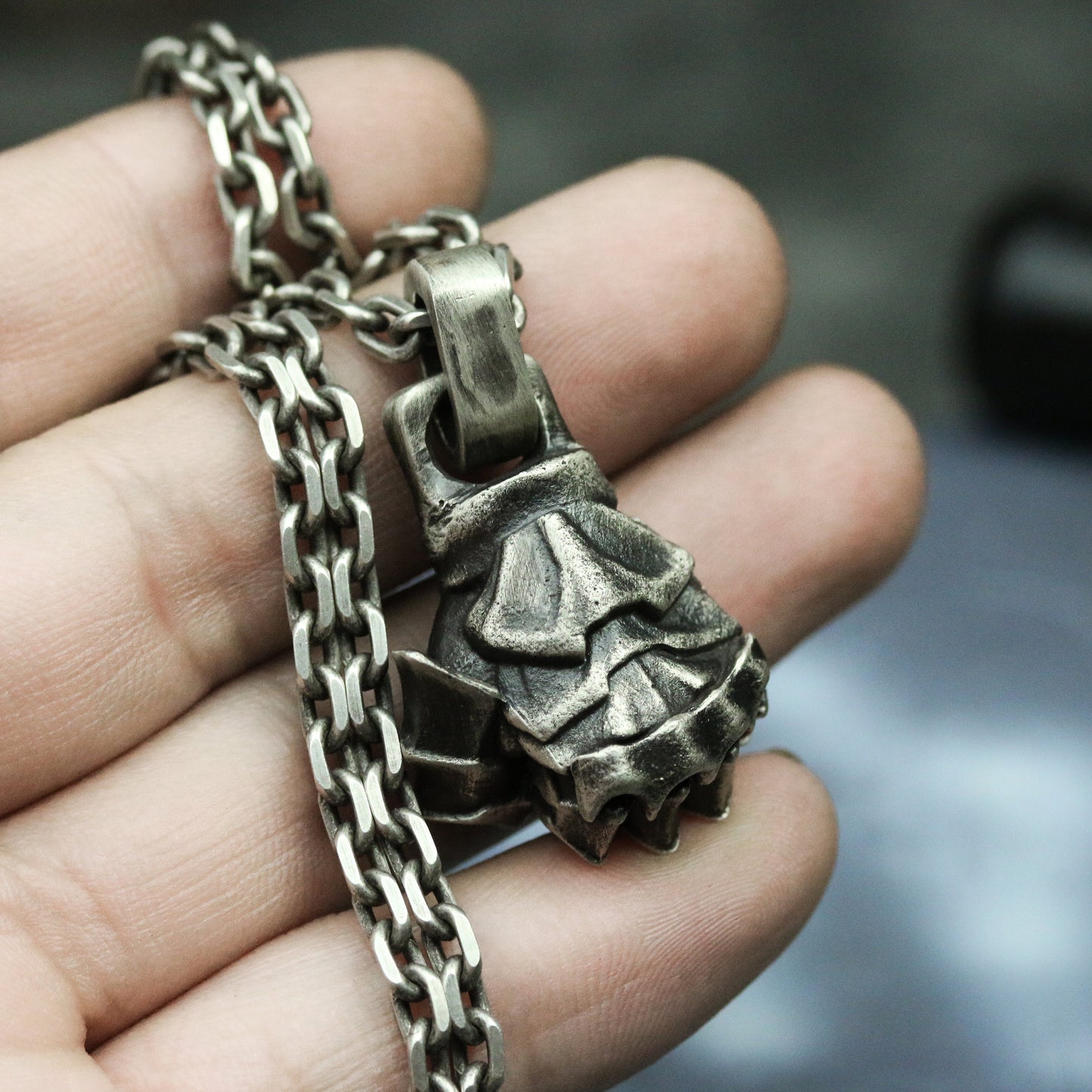 Armor Fist 925 silver pendant necklace, Clenched Machine Fist motorcycle jewelry, Human Fist pendant - Craftsmen made