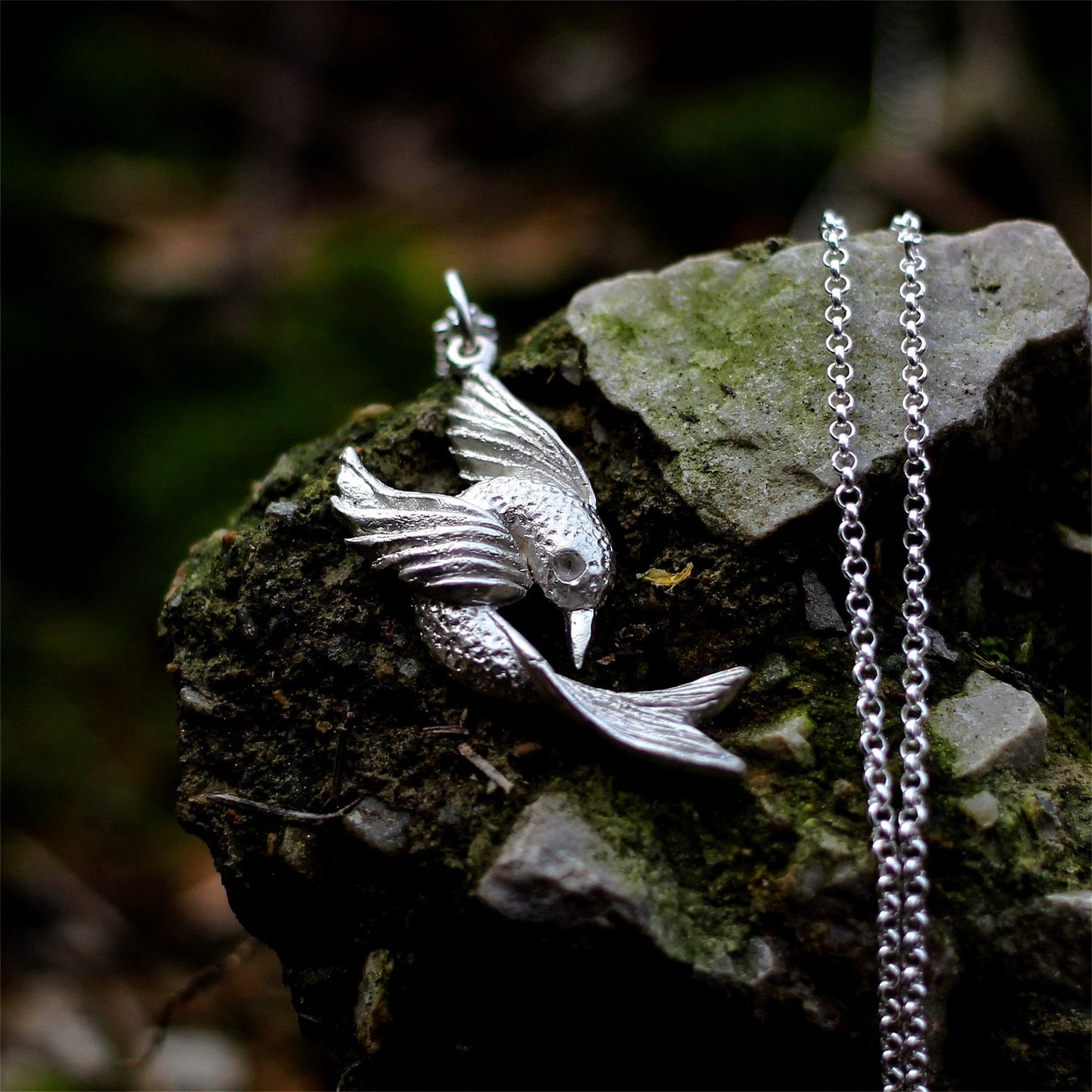 Flying bird 925 silver pendant necklace, bird and fish handmade silver jewelry, unique necklace pendant gift-Craftsman Made