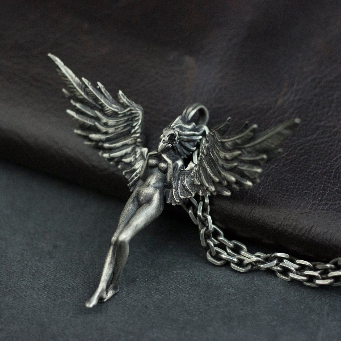 Crow Witch 925 Silver Pendant Necklace, Skull Goddess Banshee Silver Pendant Necklace-Craftsman made