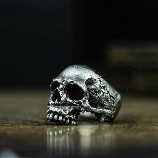Jawless skull 925 silver ring, Half-faced skull ring, Brass 925 sterling silver cracked bone small gift - craftsman made - SATANHORN