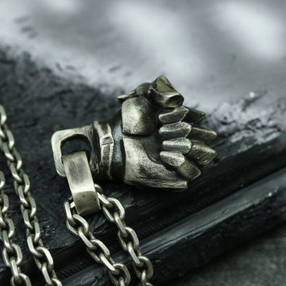 Armor Fist 925 silver pendant necklace, Clenched Machine Fist motorcycle jewelry, Human Fist pendant - Craftsmen made