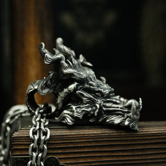 Oriental Dragon Head 925 Silver Pendant Necklace, Ancient Beast Dragon King Jewelry Necklace Pendant, Men's Pendant-Craftsmen made