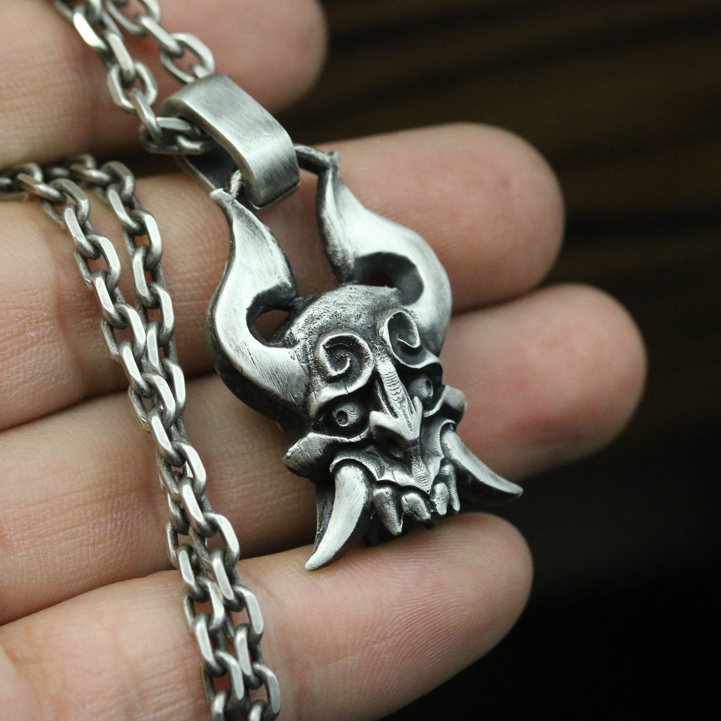 Horn Totem 925 Silver Pendant Necklace, Indian Tribe Jewelry, Fangs Demon Totem Amulet Pendant Necklace-Craftsmen made