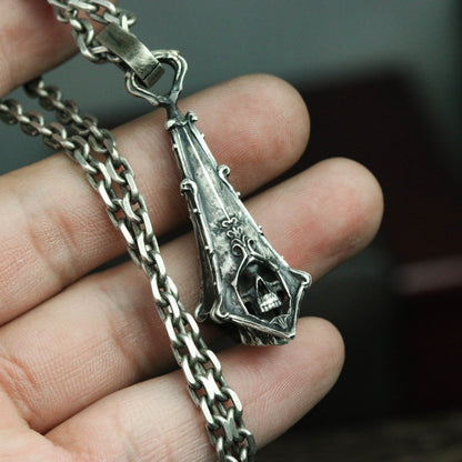 Gothic skull 925 silver pendant necklace, Victorian skull necklace, Edwardian skull pendant, witch necklace pendant-Craftsmen made