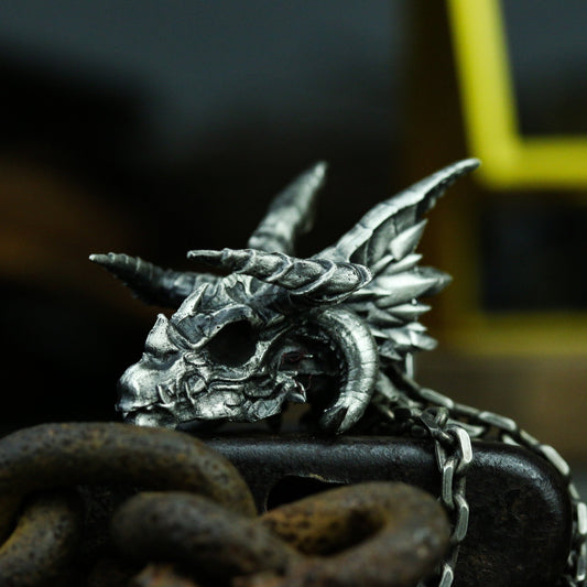 Dragon head silver pendant necklace, Dragon skull sterling silver jewelry, animal skull 925 sterling silver pendant jewelry-Craftsman made