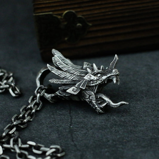 Quetzalcoatl 925 silver pendant necklace, Mayan mythological snake god pendant necklace, feathered snake-Craftsmen made