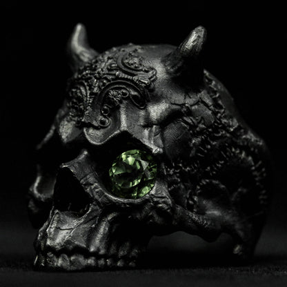 Jawless skull silver ring, horned skull ring, fine detail 925 sterling silver ring,  ring skull jewelry, Inlaid eye ring.