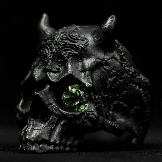 Jawless skull silver ring, horned skull ring, fine detail 925 sterling silver ring,  ring skull jewelry, Inlaid eye ring.